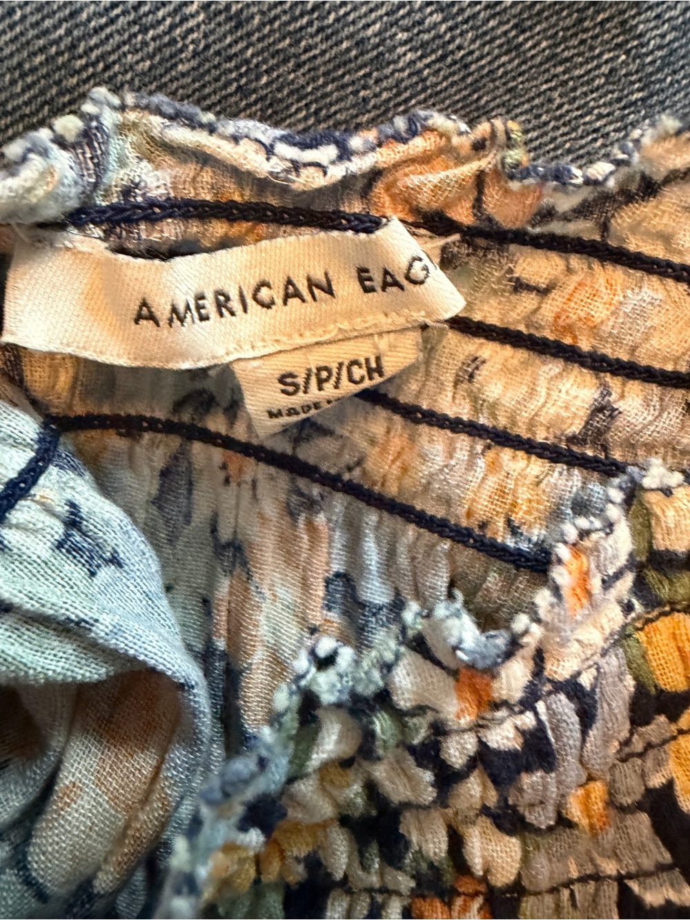 American Eagle Outfitters | Blue and Orange Floral Smocked Fall Mini Dress - Picture 5 of 9